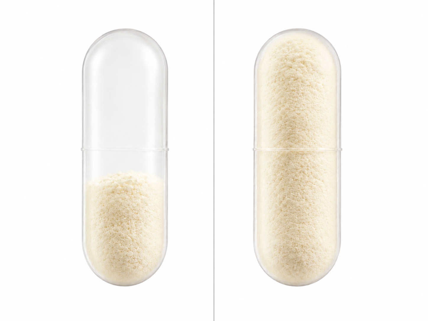 Capsule IgG potency comparison: the industry-average capsule on the left (15-20% IgG) versus ORALEA on the right (40% IgG)