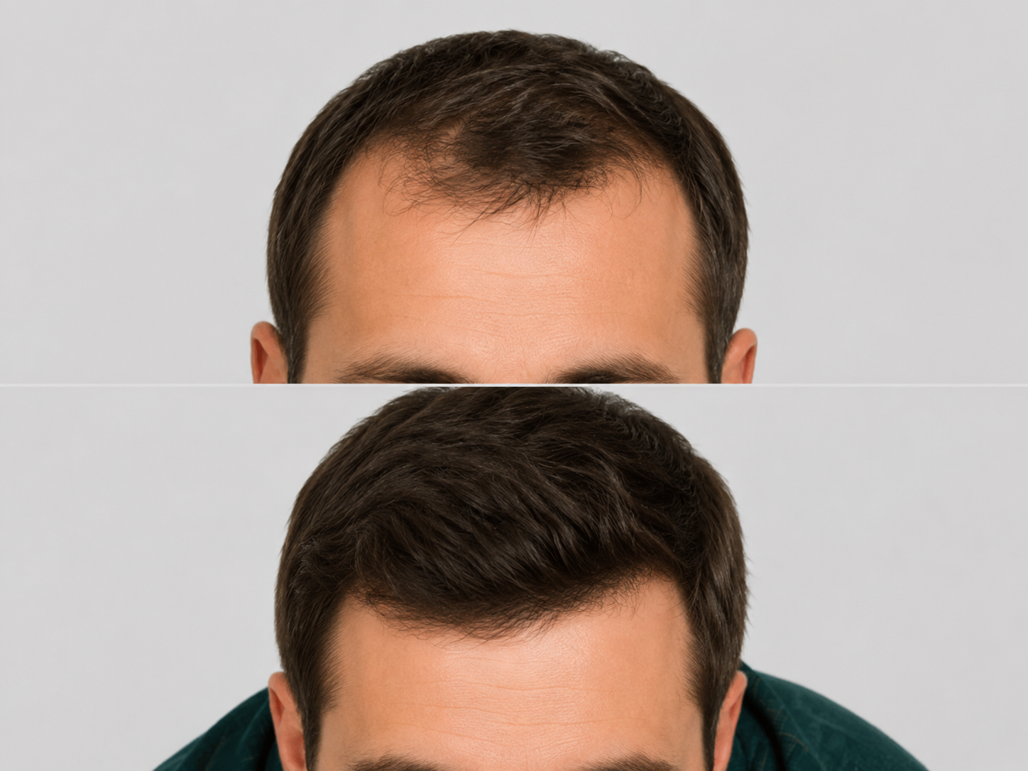 Hairline before and after — fuller, thicker hair.