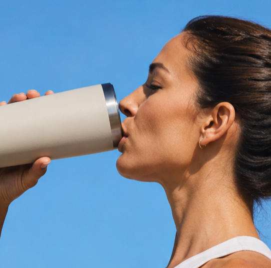 Sipping from a tumbler in morning sun.
