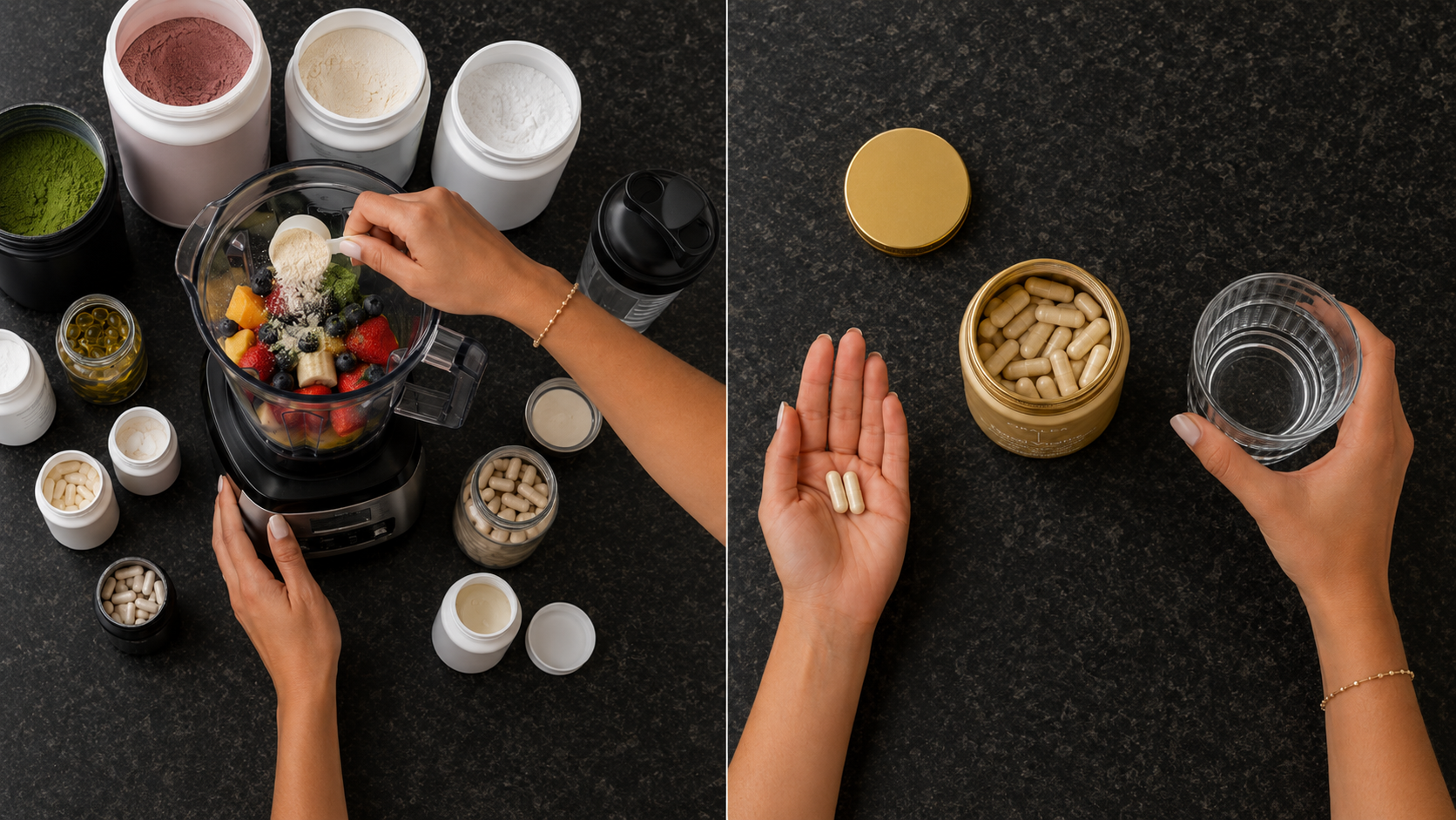 A cabinet of powders and supplements replaced by one ORALEA jar and two capsules.