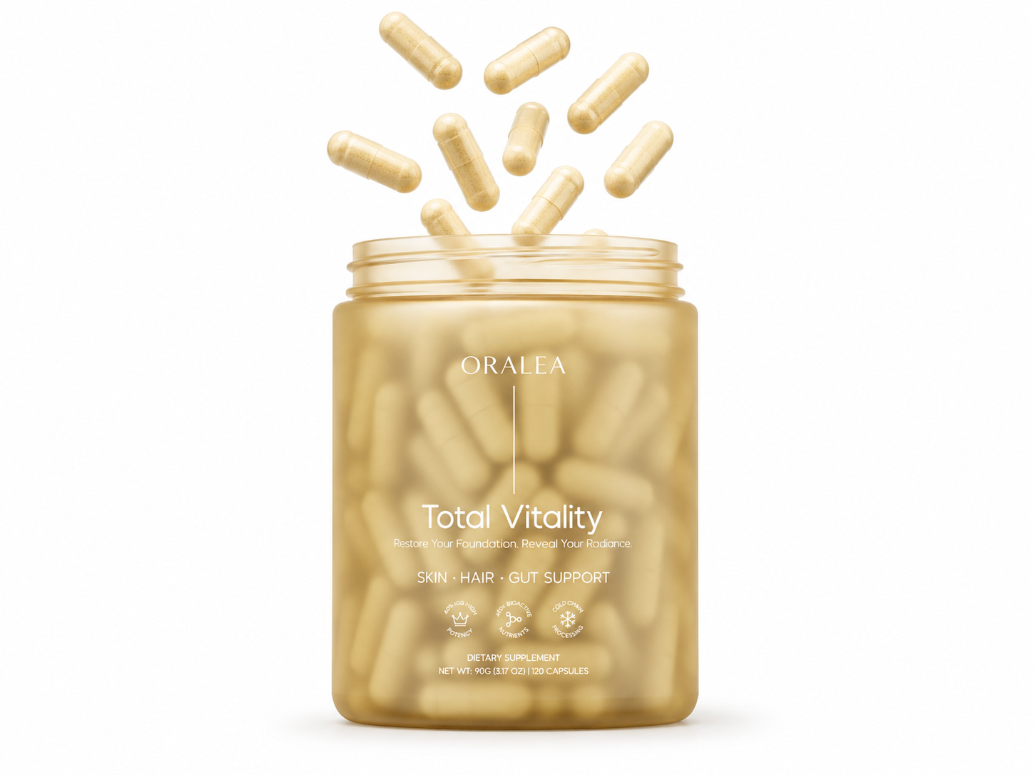 ORALEA frosted glass jar with capsules cascading out