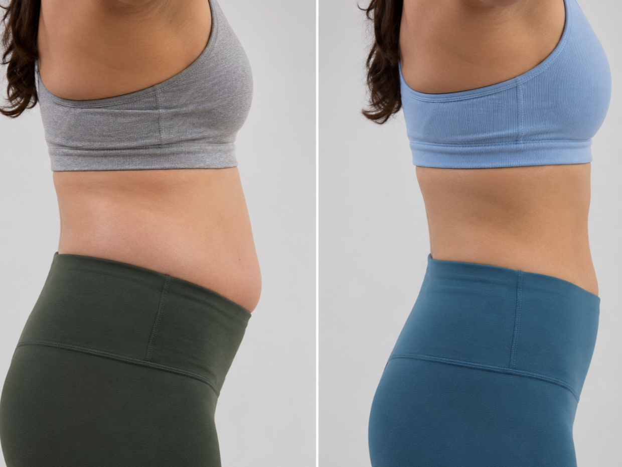 Midsection before and after — visibly less bloat.